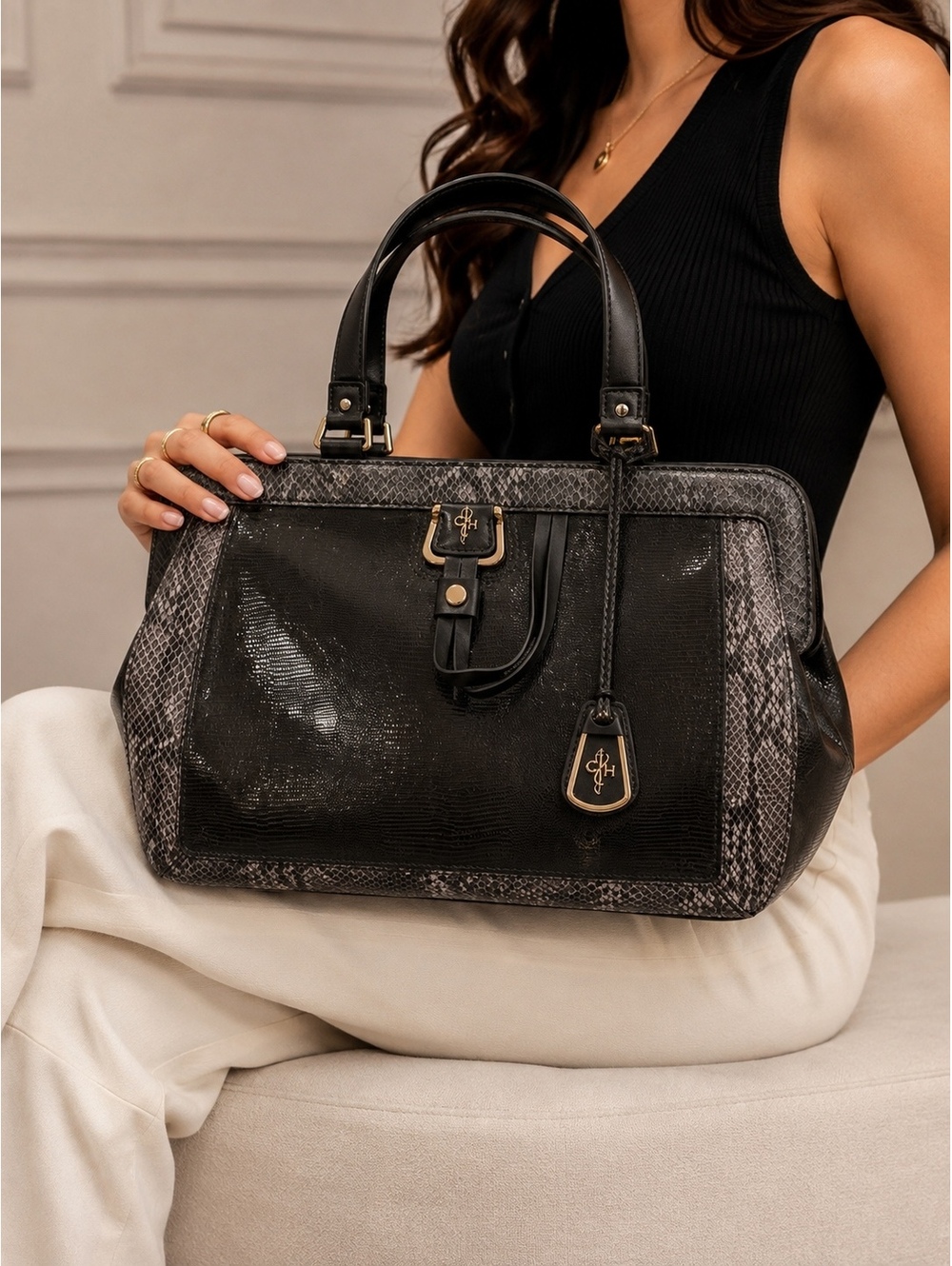 Cole Haan NWT Black Gray Snakeskin Print Satchel Handbag